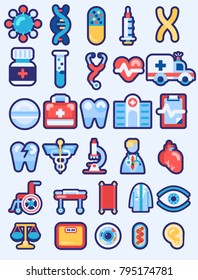 A pack of premium vector flat health care medical icons. Modern science pictogram set