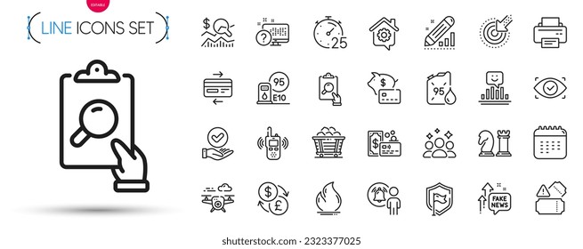 Paquete de impresoras, tarjetas de crédito e iconos de la línea de noticias falsas. Incluir energía de incendio, Editar estadísticas, iconos del pictograma de notificación de usuario. Entradas, ajedrez, carteles de casa de trabajo. Comprobar la inversión, CalendarSquad. Vector
