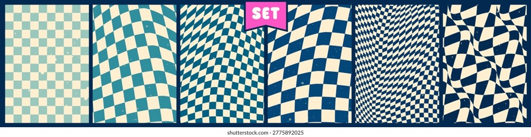Pack of psychedelic checkerboard color posters. Retro abstract aesthetic blue tone pictures.