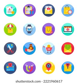 Paquete de iconos planos de compra y comercio electrónico

