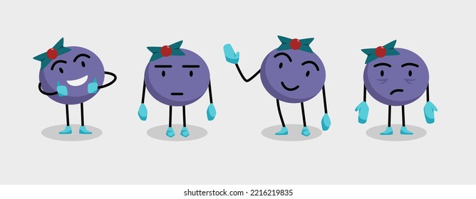 Packung mit violettem rundem Maskottchen mit süßer Schleife auf dem Kopf. Cartoon-Stil Maskottchen Hand, Daumen hoch, enttäuscht, wütende Ausdrücke. Geeignet für Markenidentität, Markendarstellung, Marketing, Werbestrategie