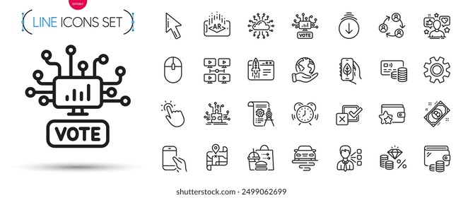 Paquete de opciones de rompecabezas, ruta y desplazarse hacia abajo línea iconos. Incluya iconos de pictogramas de terceros, trabajo en equipo, inicio de negocios. Gestión del tiempo, Realidad aumentada, Mantenga los signos del teléfono inteligente. Vector