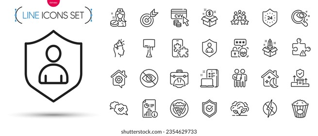 Pack of Puzzle, Table lamp and Work home line icons. Include Brand ambassador, Post package, Target pictogram icons. Security, Cyber attack, Device signs. Sleep, Phone puzzle, 24 hours. Vector