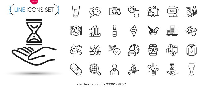 Pack of Radiator, Loan and Tree line icons. Include Shirt, Qr code, Phone survey pictogram icons. Photo camera, Sunscreen, Currency rate signs. Rate button, Customer satisfaction, Online job. Vector