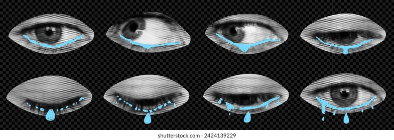 A pack of rainbow eyes cut out as if from a magazine. An isolated look. Vector halftone with tears elements for collage with different emotions. Frame to frame animation  svg