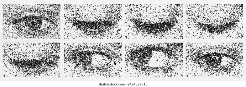 A pack of rainbow eyes cut out as if from a magazine. An isolated look. Vector stipple grunge grain  elements for collage with different emotions. Frame to frame animation 