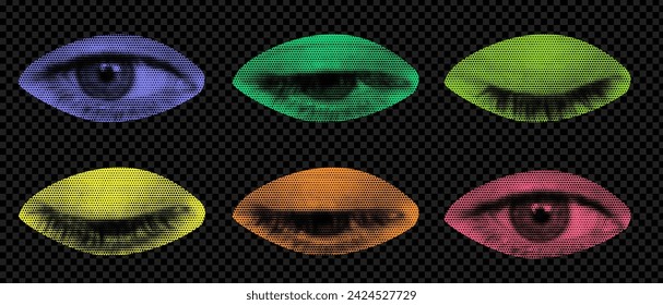 A pack of rainbow eyes cut out as if from a magazine. An isolated look. Vector halftone rainbow elements for collage with different emotions. Frame to frame animation 