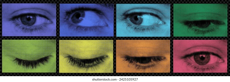 A pack of rainbow eyes cut out as if from a magazine. An isolated look. Vector halftone elements for collage with different emotions. Frame to frame animation 