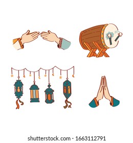 Paquete de artículos de Ramadán con tambor de Bedug, saludos islámicos de perdón, vector Premium Linterna de musulmán