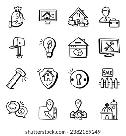 Pack of Real Estate and Navigation Doodle Icons 

