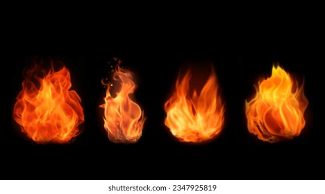 Pack of realistic burning flames. Vector illustration. Various icons of red hot sparkling fire isolated on black background