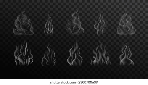 Pack of realistic food and drink smoke effect. Vector illustration with white different steam isolated on transparent background