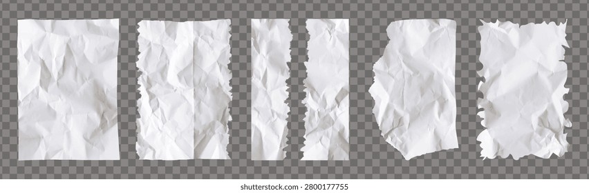 Pack of realistic white crumpled jagged white paper torn pack paper isolated on a transparent background. Empty papercut notebook sheets. Notepook template set. Grunge border frames paper sheet fragments. Vector illustration