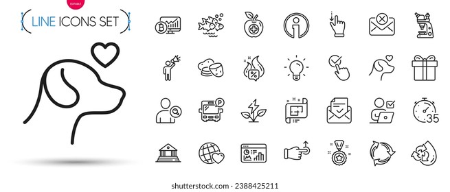 Paquete de agua reciclada, estadísticas de seo e iconos de la línea de comida médica. Incluya la recompensa del ganador, la casilla de verificación, los iconos del pictograma de reciclaje. Correos aprobados, papa, carteles de cuidado de mascotas. Plan arquitectónico. Vector