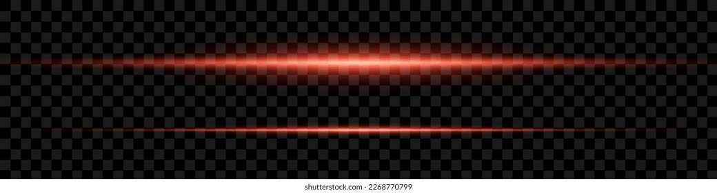 Pack of red bright horizontal highlights, rays, lines on a transparent background. Laser beams, horizontal light beams.