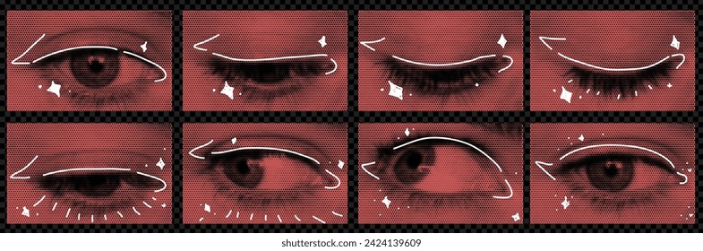 A pack of red eyes cut out as if from a magazine. An isolated look. Vector halftone elements for collage with different emotions. Frame to frame animation 