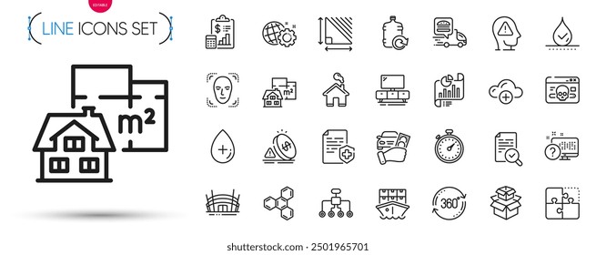 Pack of Refill water, Face detection and Cloud computing line icons. Include Medical certificate, Oil serum, Chemical formula pictogram icons. Restructuring, Home, Triangle area signs. Vector