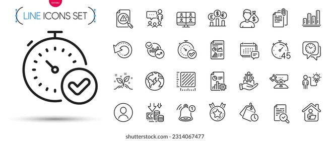 Paquete de recordatorio, martillo de juez e iconos de línea de administración de tiempo. Incluir medidor cuadrado, personas conversando, buscar iconos del pictograma del documento. Mensaje, informe, señales de electricidad. Deflación. Vector