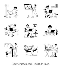 Pack of Remote Employees Glyph Illustrations 

