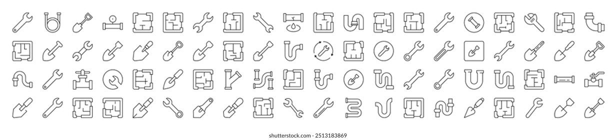 Pacote de Ícones de Linha Relacionados com Reparação e Renovação. Traço editável para design, sites, aplicativos e cartões. Contém imagens lineares de planta de chão, pá, Spanner, tubo
