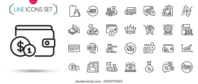 Pack of Report, Atm money and Phone wallet line icons. Include Wallet, Bid offer, Loyalty award pictogram icons. Savings insurance, Coins bag, Bank document signs. Loan. Report outline sign. Vector