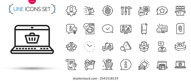 Pack of Report, Smile and Support service line icons. Include Chandelier, Approved message, Fingerprint pictogram icons. Analytics graph, Grocery basket, Washing machine signs. Vector