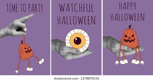 Pack retro Halloween card cover design with evil eye, pumpkin mascot. Set Helloween Nostalgia poster template with Cartoon character. Vector illustration 60s 70s 80s