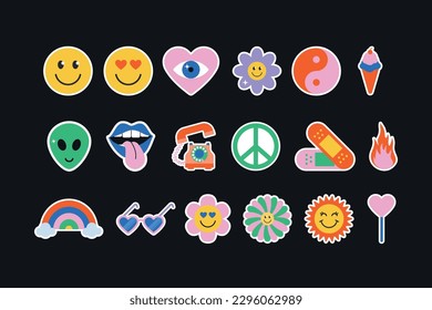 Pack of retro stickers. Collection of fashion patches. Set of Stickers in different shapes, comic cartoon, hipster. Vector illustration