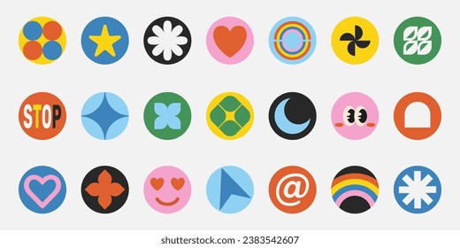 Pack of retro Y2K round colorful stickers with shapes and symbols, cool old style flat labels, buttons, application icons. Vector illustration.