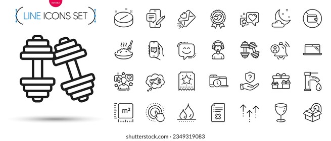 Pack of Return package, Glass and User notification line icons. Include Laptop, Loyalty ticket, Megaphone pictogram icons. Click hand, Medical tablet, Heart signs. Tap water. Vector