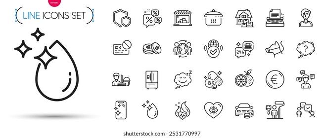 Pacote de vitamina de riboflavina, Painter e Typewriter ícones de linha. Inclua o ponto de interrogação, a panela de ebulição, os ícones verificados do pictograma da Internet. Mudança de casa, treinamento Cardio, placas de cartão. Vetor