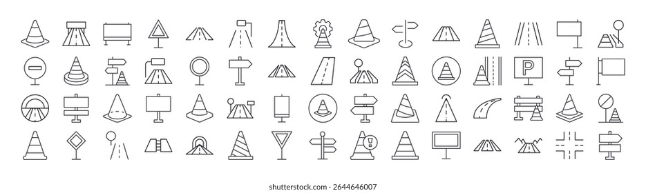 Pacote de ícones de linha relacionados a estrada, caminho e cone de tráfego. Outline Signs para Gráficos e Web Design, Apps, Anúncios, Vários Cartões 