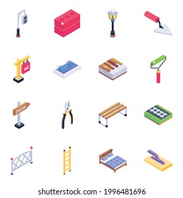 Pack of Roadboards and Tools Isometric Icons 