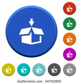 Pack round color beveled buttons with smooth surfaces and flat white icons