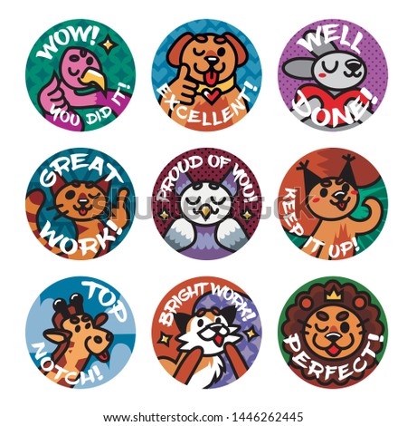 Pack of round stickers with cute animals/ Inspirational phrases / For kids, for school