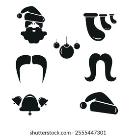 Pack of santa, santa claus hats, mustaches and beard icon in flat design. Christmas elements