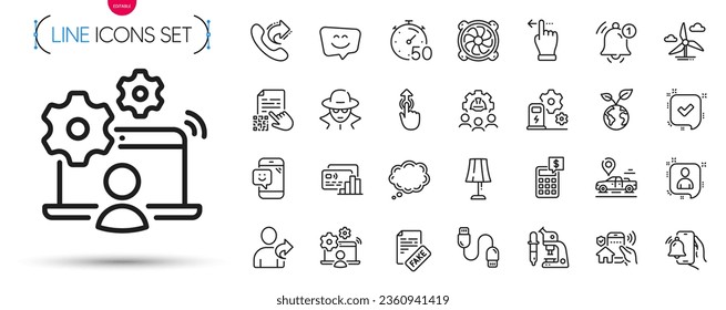 Pack of Save planet, Fraud and Touchscreen gesture line icons. Include Timer, Microscope, Refer friend pictogram icons. Smile face, Qr code, Comic message signs. Reminder, Fake news. Vector