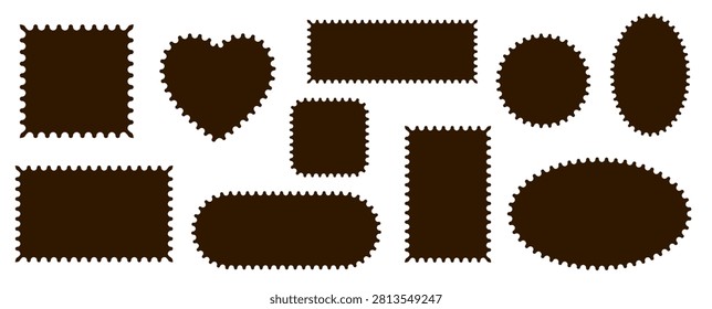 Pack of scalloped brawn postage frames isolated. Outline border template. Simple minimalist label text box. Blank scallop edge stamp mockup. Vector png