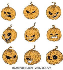 A pack of scary pumpkin fruit vector images of various expressions