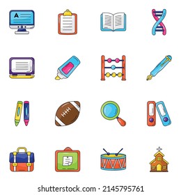 Pack of School Supplies Flat Icons 

