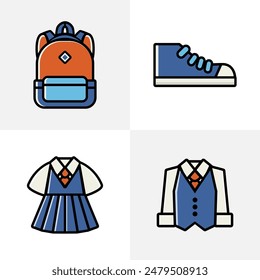 A pack of school supplies icons such as bags, shoes and uniforms in a flat design style that is very good for educational theme design elements.