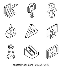 Pack of School Supplies Isometric Line Icons

