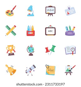 Pack of School Supplies and Learning Flat Icons 

