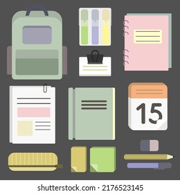 Paket mit Schulbedarf, Schreibwaren. Rucksack, Stifte, Notizbücher, Buch, Kalender, Sticker und Bleistiftkoffer. Einfache Vektorsymbole, farbig. Für Logos, Labels, Symbole, Bücher.