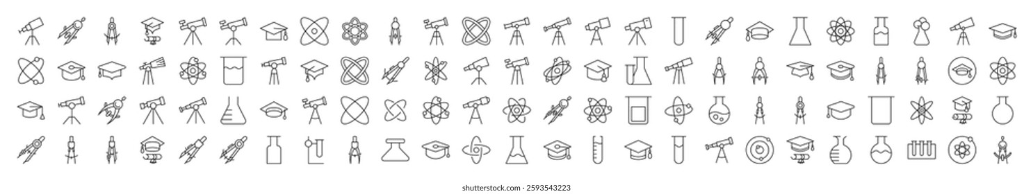 Pack of Science Related Line Icons. Editable Stroke for Design, Web Sites, Apps, Cards. Contains Linear Images of Laboratory Bulb, Compass, Atom, Telescope