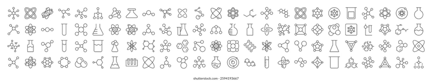 Pack of Science Related Line Icons. Editable Stroke for Design, Web Sites, Apps, Cards. Contains Linear Images of Chemical Compound, Atom, Laboratory Bulb