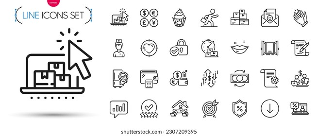 Pack of Scroll down, Loan percent and Rating stars line icons. Include Smile, Currency rate, Doctor pictogram icons. Fast delivery, Archery, Lips signs. Online loan, Work home, Verified locker. Vector
