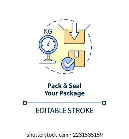 Pack and seal your package concept icon. Parcel requirements. Use mail services tip abstract idea thin line illustration. Isolated outline drawing. Editable stroke. Arial, Myriad Pro-Bold fonts used