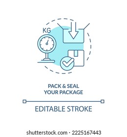 Pack and seal your package turquoise concept icon. Parcel requirements abstract idea thin line illustration. Isolated outline drawing. Editable stroke. Arial, Myriad Pro-Bold fonts used