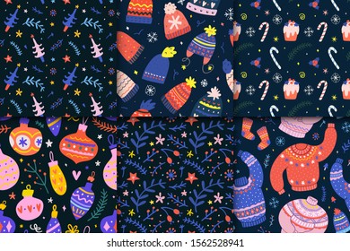 Pack of seamless vector patterns. Christmas backgrounds with knit ugly sweaters, hats, fir trees candies and decoration balls. Hand drawn doodles and illustrations, floral ornaments, winter backdrops.